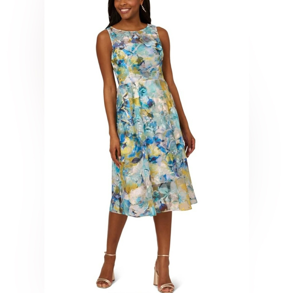 Adrianna Papell Womens Floral Printed Veiled Dress